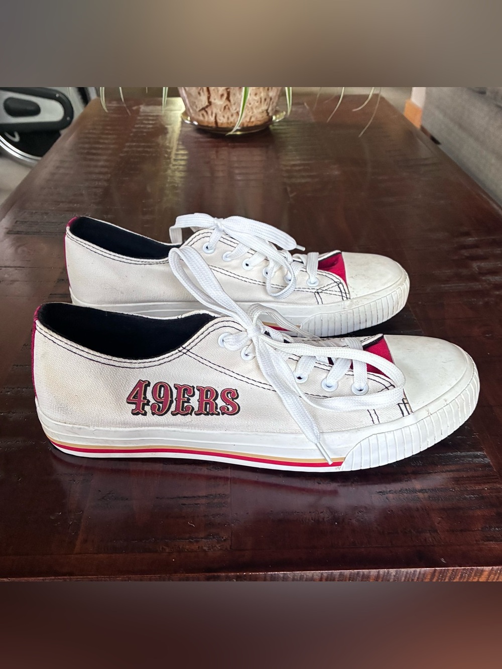Men’s White Canvas 49ERS Low-Top Sneakers with Red Accent